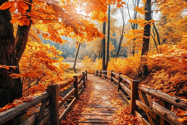 Foto bosque de otoño con puente de madera.