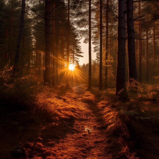 Bosque de otoño con rayos de sol