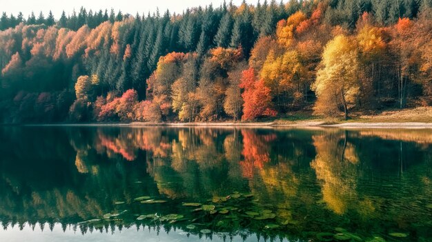 El bosque de otoño se refleja en el ai generativo del río.