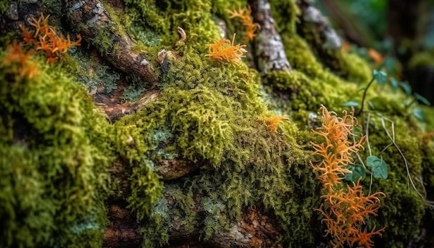 El bosque de otoño tranquilo, hojas húmedas, líquenes amarillos, follaje multicolor generado por la IA.