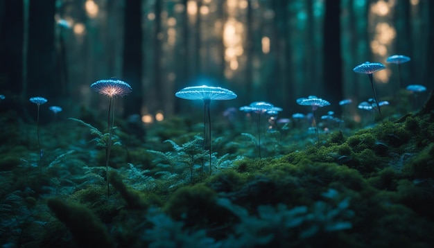 Bosque de otro mundo con flora bioluminescente