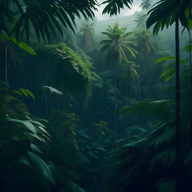 un bosque con palmeras y un bosque al fondo.