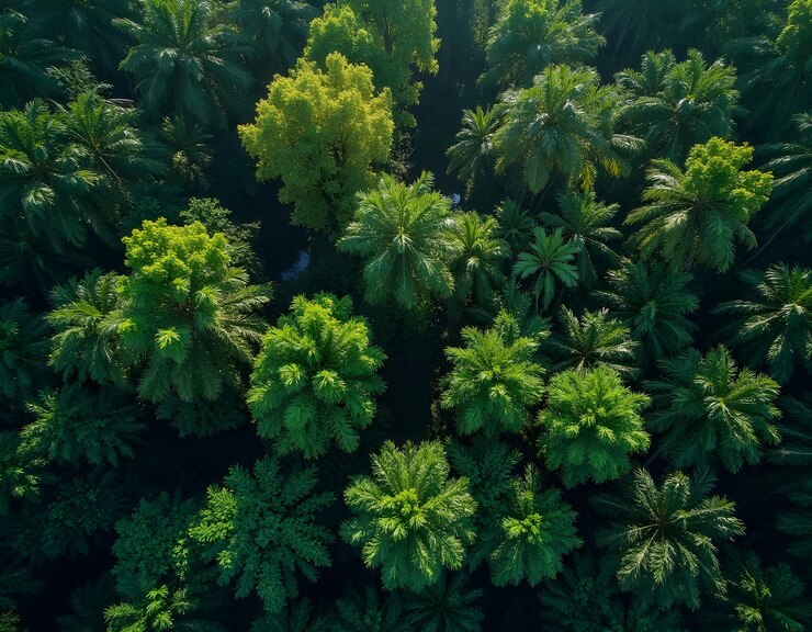 un bosque de palmeras con una línea azul y una pequeña línea blanca de palmeras