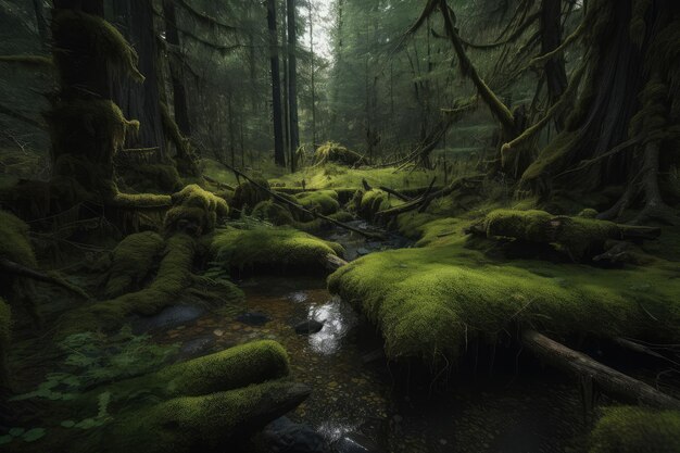 Bosque pantanoso con árboles cubiertos de musgo y claros ocultos