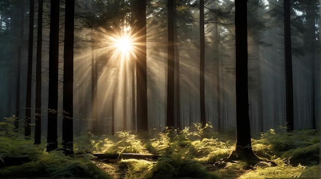 Bosque de papel tapiz bañado en la luz del sol de la mañana