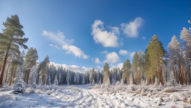 Foto bosque de pinos cubierto de nieve con un claro cielo azul día de invierno