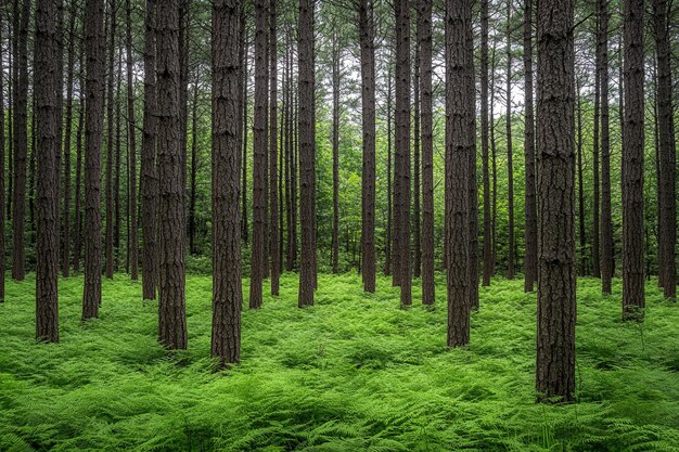 Bosque de pinos con espesos helechos que cubren el suelo del bosque