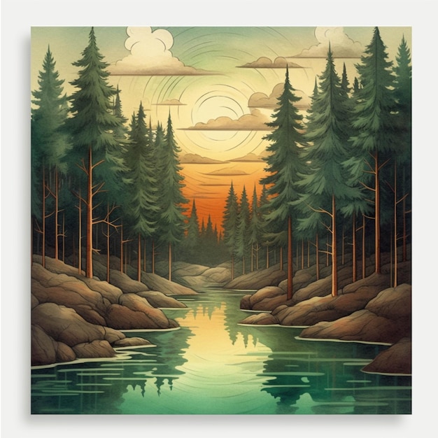 Bosque de pinos y lago en la ilustración de las montañas para su diseño