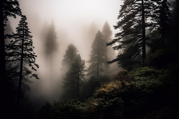 Bosque de pinos oscuro e inquietante