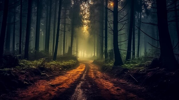 Bosque de pinos profundo de fantasía con color oscuro generado por Ai