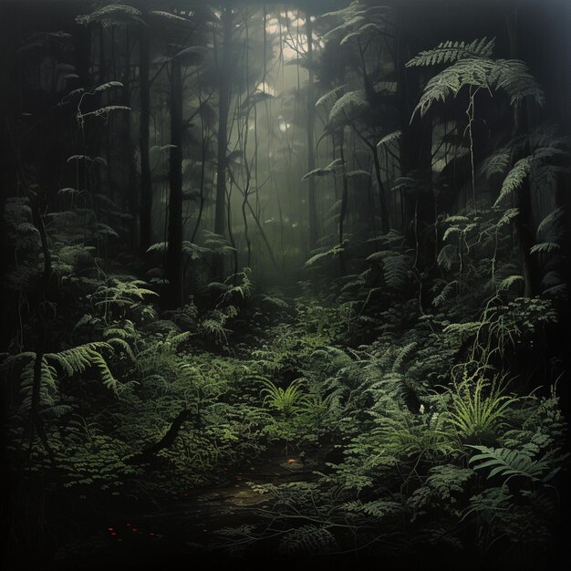 Bosque con plantas de colores oscuros hermosa imagen arte generado por Ai