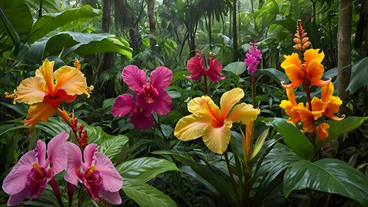 un bosque con plantas tropicales y flores en el fondo