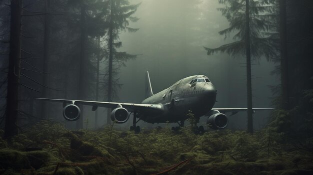 Bosque post-apocalíptico Un avión estacionado en el fondo de la niebla