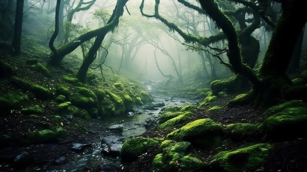 bosque profundo mágico con musgo y niebla