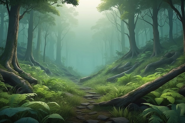 El bosque profundo verde de estilo animado en 3D con el paisaje de ilustración de niebla de fondo