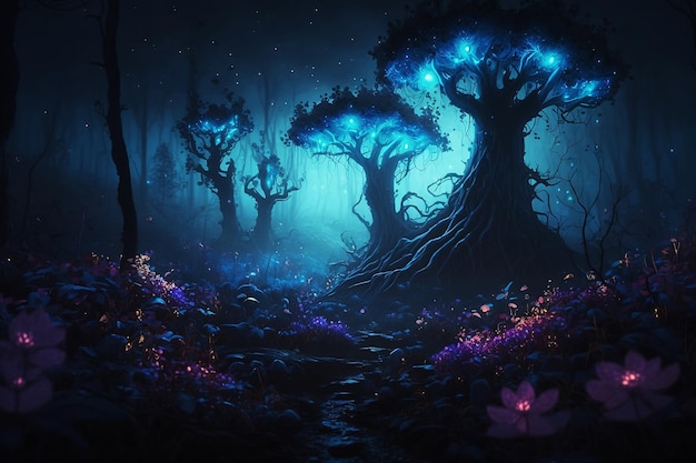 Bosque que brilla intensamente de la fantasía en la noche