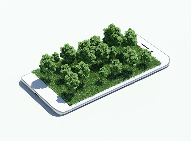 Foto bosque que emerge de la pantalla de un teléfono inteligente.