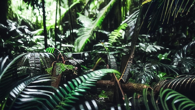 Un bosque con una rama de árbol y hojas.