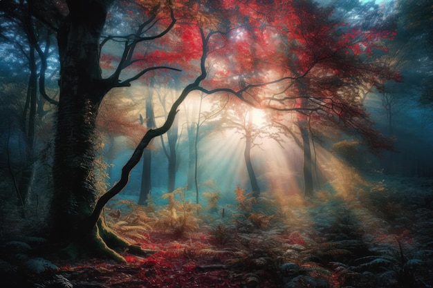 Un bosque con un rayo de sol en el cielo.