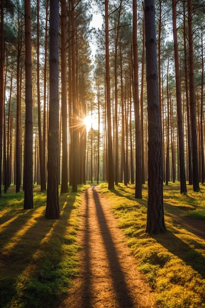 Un bosque con un rayo de sol en el cielo.