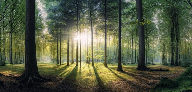 Bosque con rayos de sol Bosque con rayos de sol brillando a través de los árboles IA generativa