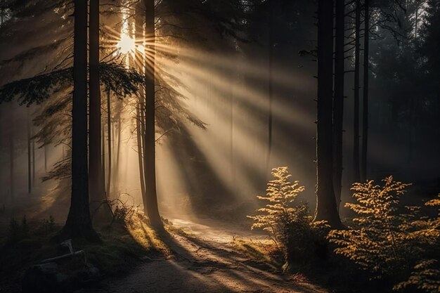 Un bosque con rayos de sol brillando a través de los árboles.