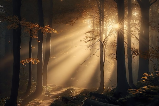 Un bosque con rayos de sol brillando a través de los árboles.