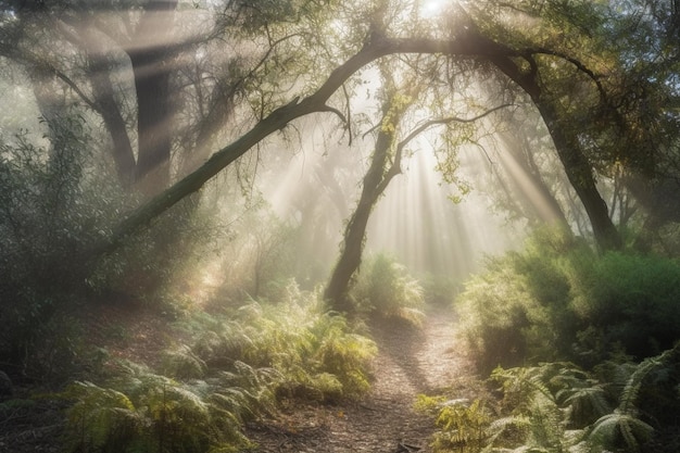 Un bosque con rayos de sol brillando a través de los árboles.