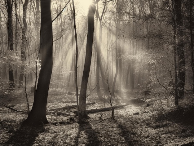 Foto un bosque con rayos de sol que atraviesan los árboles.