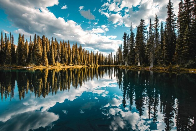 El bosque se refleja en el lago nubes azules hermosa vista de la naturaleza