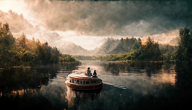 El bosque se refleja en las nubes azules del lago Hermosa vista de la naturaleza Ilustración 3D Raster