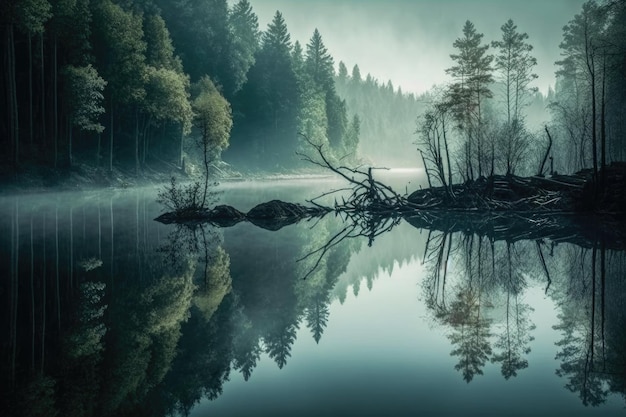 Bosque reflejado en aguas tranquilas de río y neblina sobre río