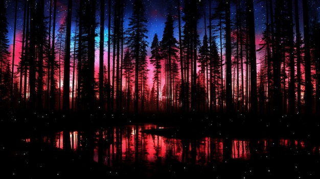 un bosque con un reflejo de árboles y la luna en el cielo.