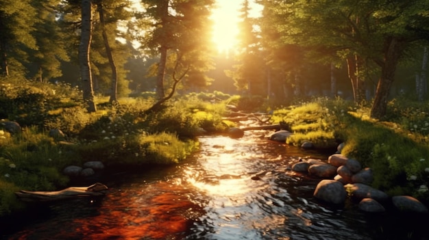 Bosque con un riachuelo tranquilo al atardecer