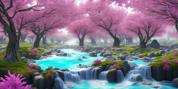 Un bosque con un río y un árbol rosa.