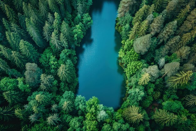 un bosque con un río y árboles en primer plano
