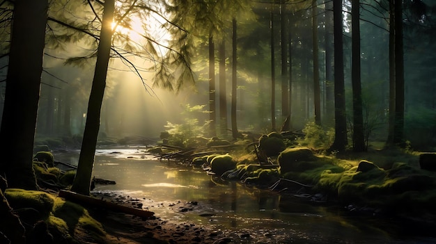 Un bosque con un río en el bosque.