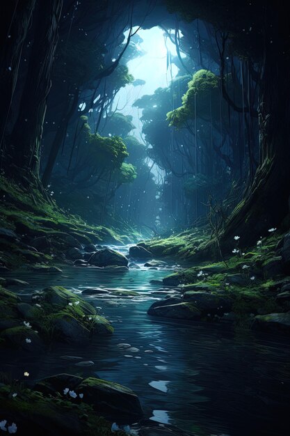 un bosque con un río y una cascada