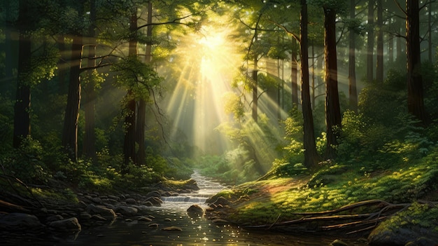 Un bosque con un río y rayos de sol.