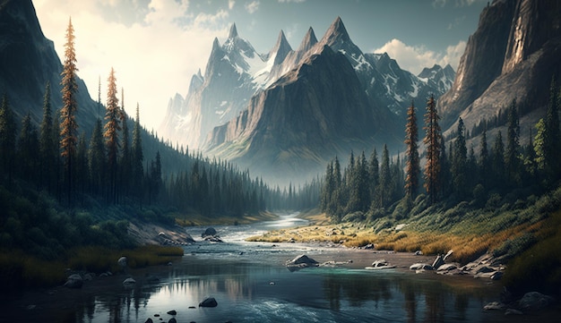 Bosque de ríos con imagen de arte de generador de ai de montañas