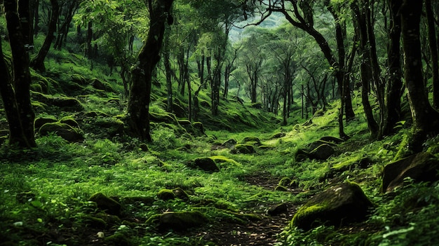 un bosque con rocas y árboles cubiertos de musgo