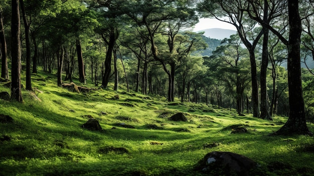 un bosque con rocas y árboles en el fondo