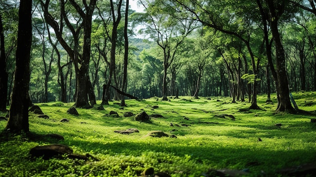 un bosque con rocas y árboles en primer plano