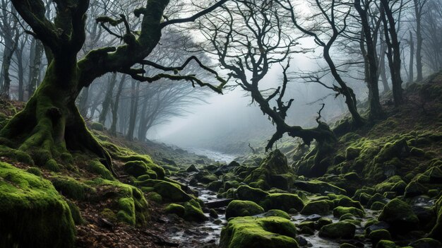 un bosque con rocas cubiertas de musgo y un arroyo que lo atraviesa