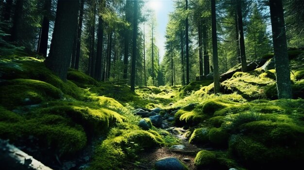 Un bosque con rocas cubiertas de musgo y un arroyo.