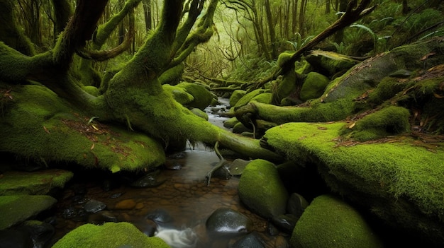 Un bosque con rocas cubiertas de musgo y musgos