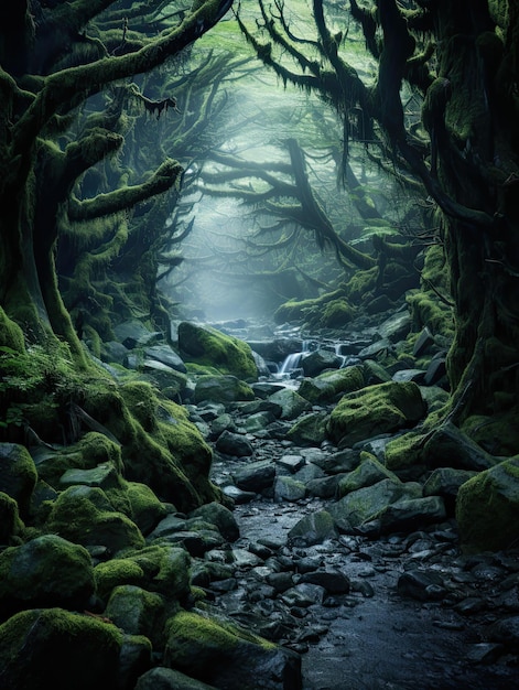 un bosque con rocas de musgo y un arroyo.