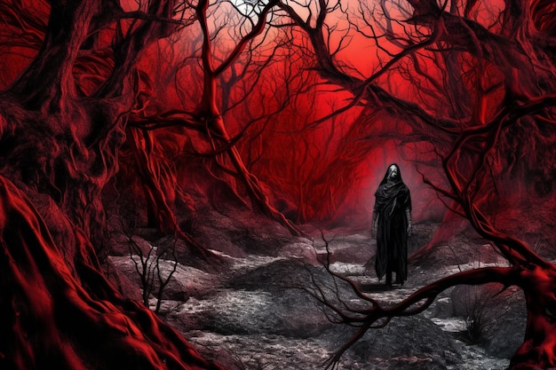Un bosque rojo con una figura negra en medio.