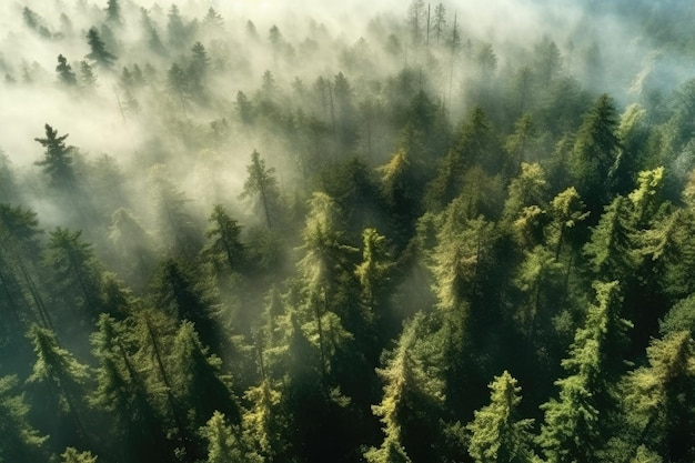 Un bosque de secuoyas está rodeado de niebla y los árboles son visibles IA generativa