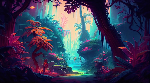 Bosque de selva vibrante virtual Río de hadas de color neón IA generativa